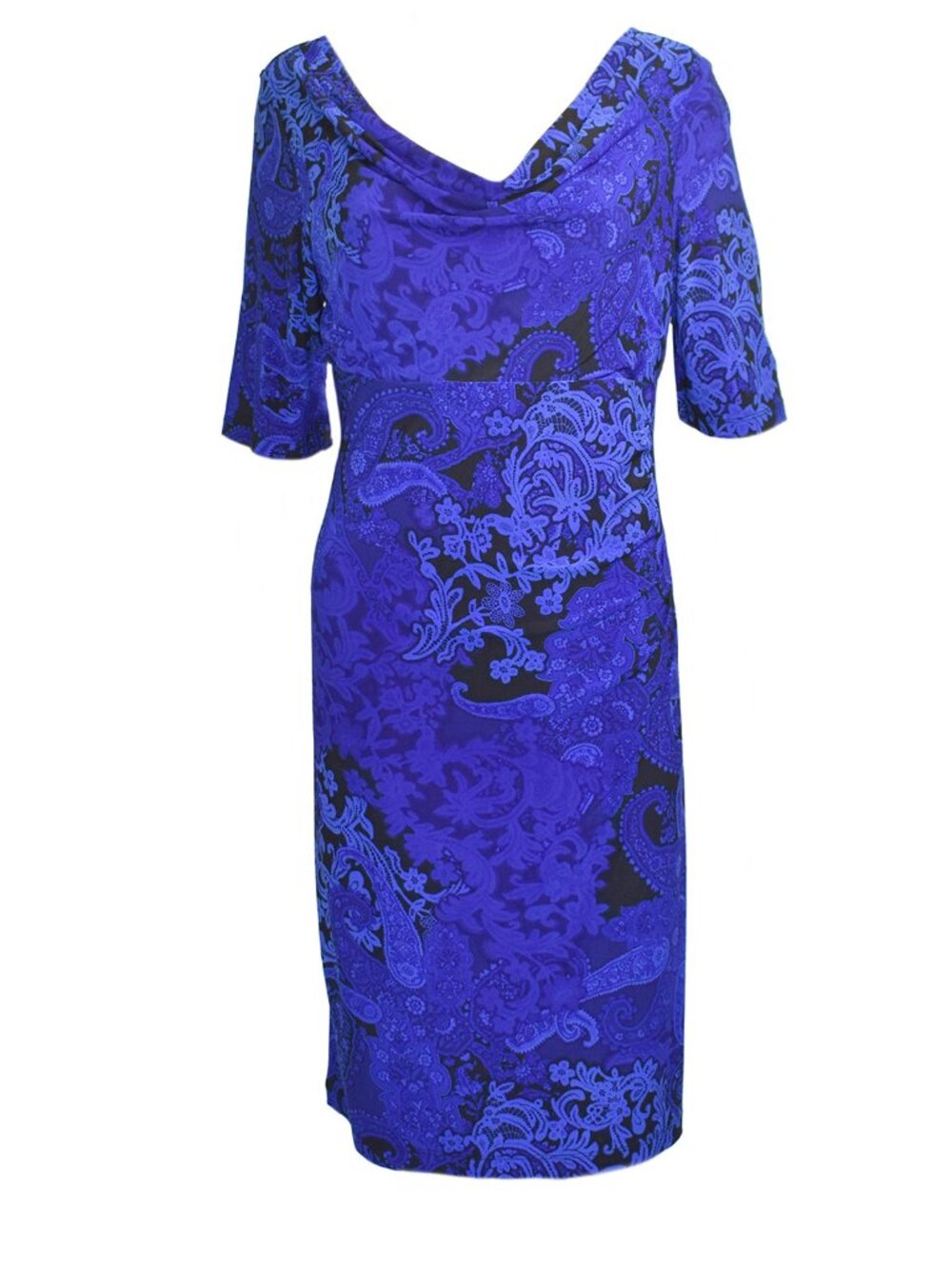 Anne Klein Dress Stretch Cowl Neckline ¾ Sleeve Blue Paisley Lace Print Size 14 - Picture 2 of 7